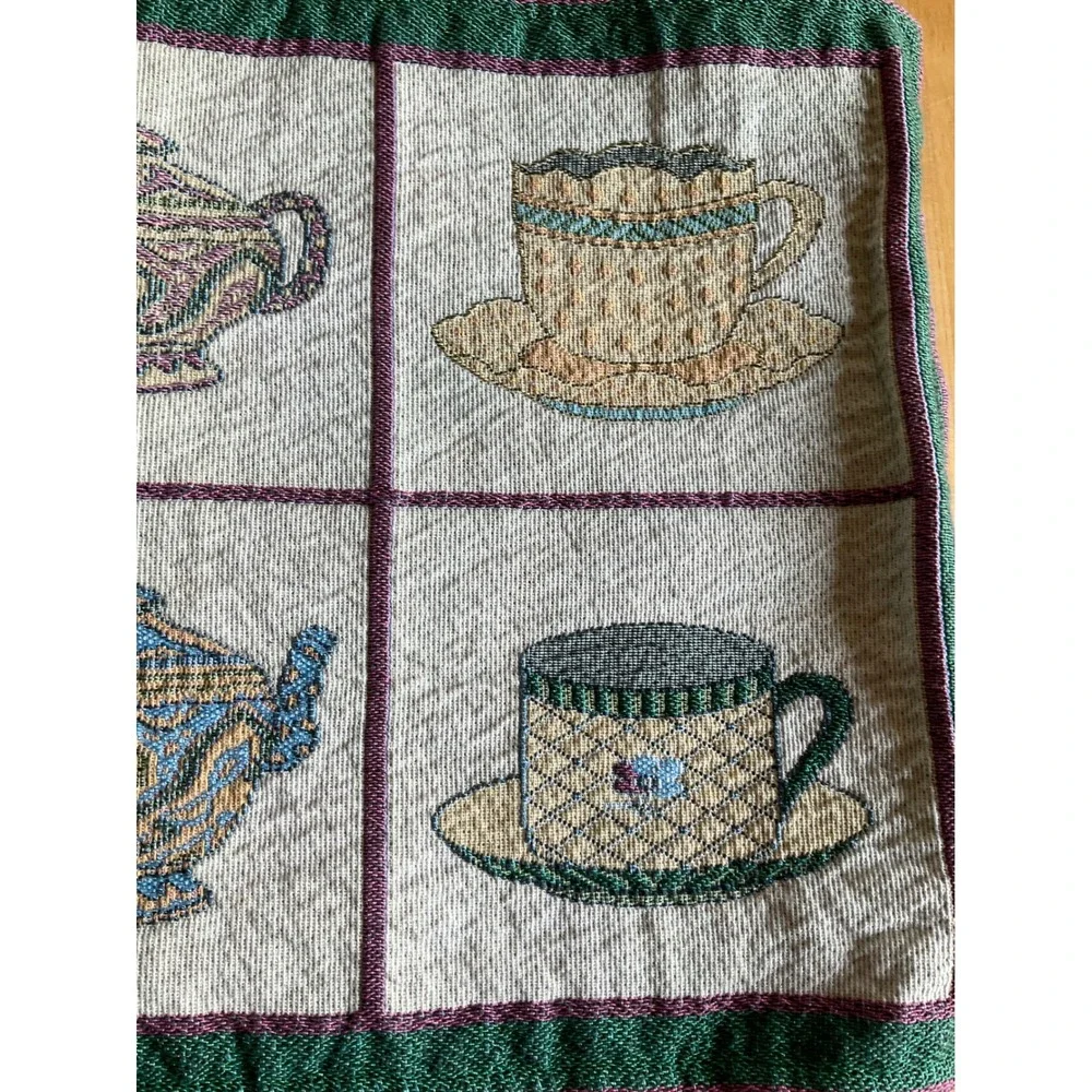 Vintage Woven Tapestry Placemats Set 4 Teapot Teacup Tea Time Cottagecore 18x13